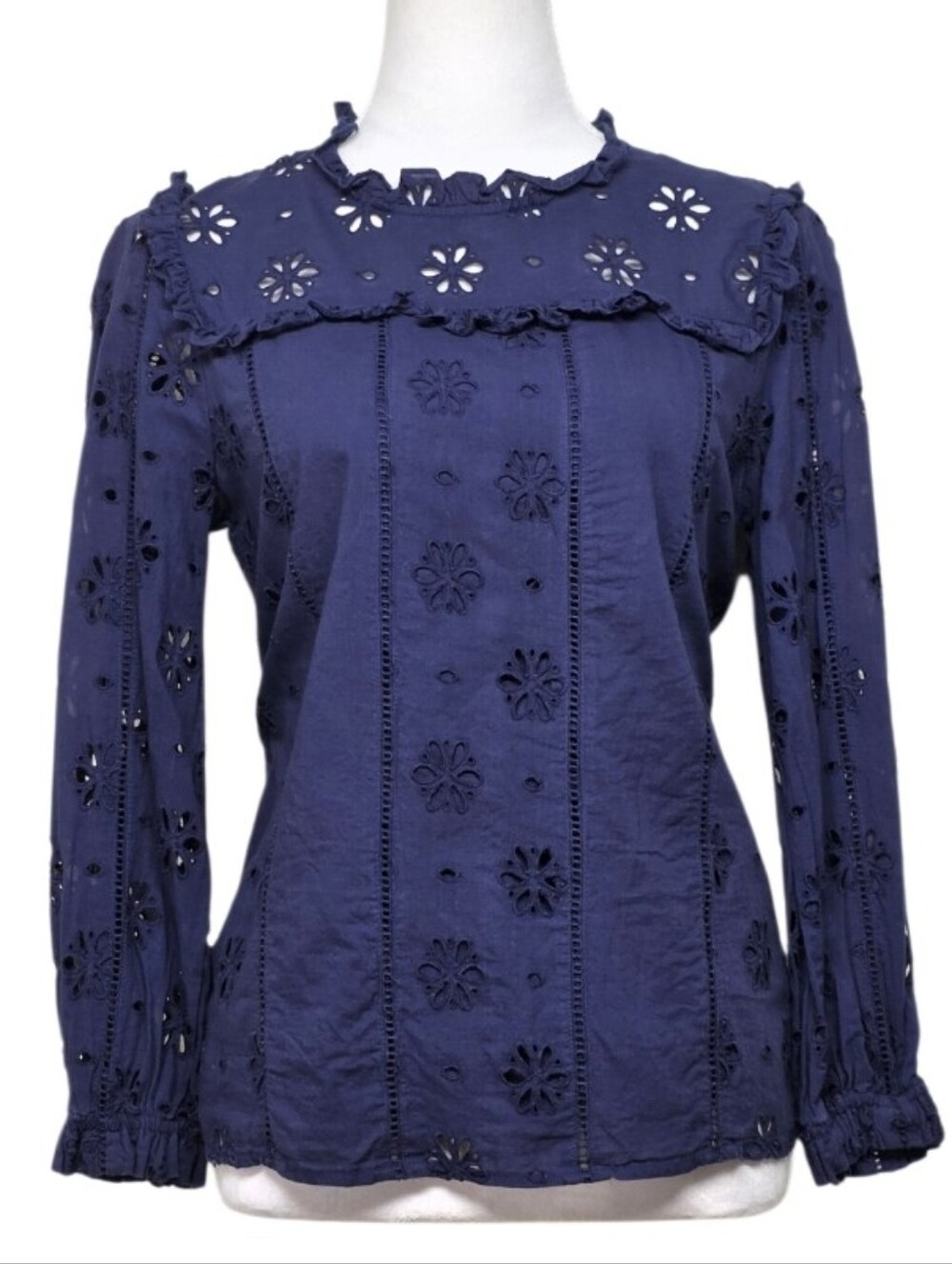 J. Crew Navy Eyelet Ruffle Yoke Blouse